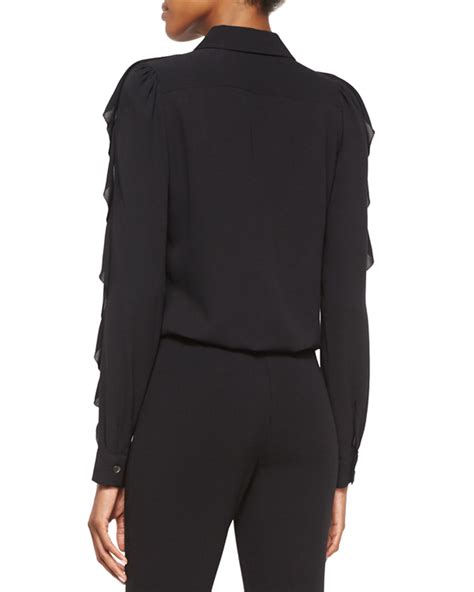 michael michael kors zarina ruffle sleeve knit top black|Michael Kors long neck top.